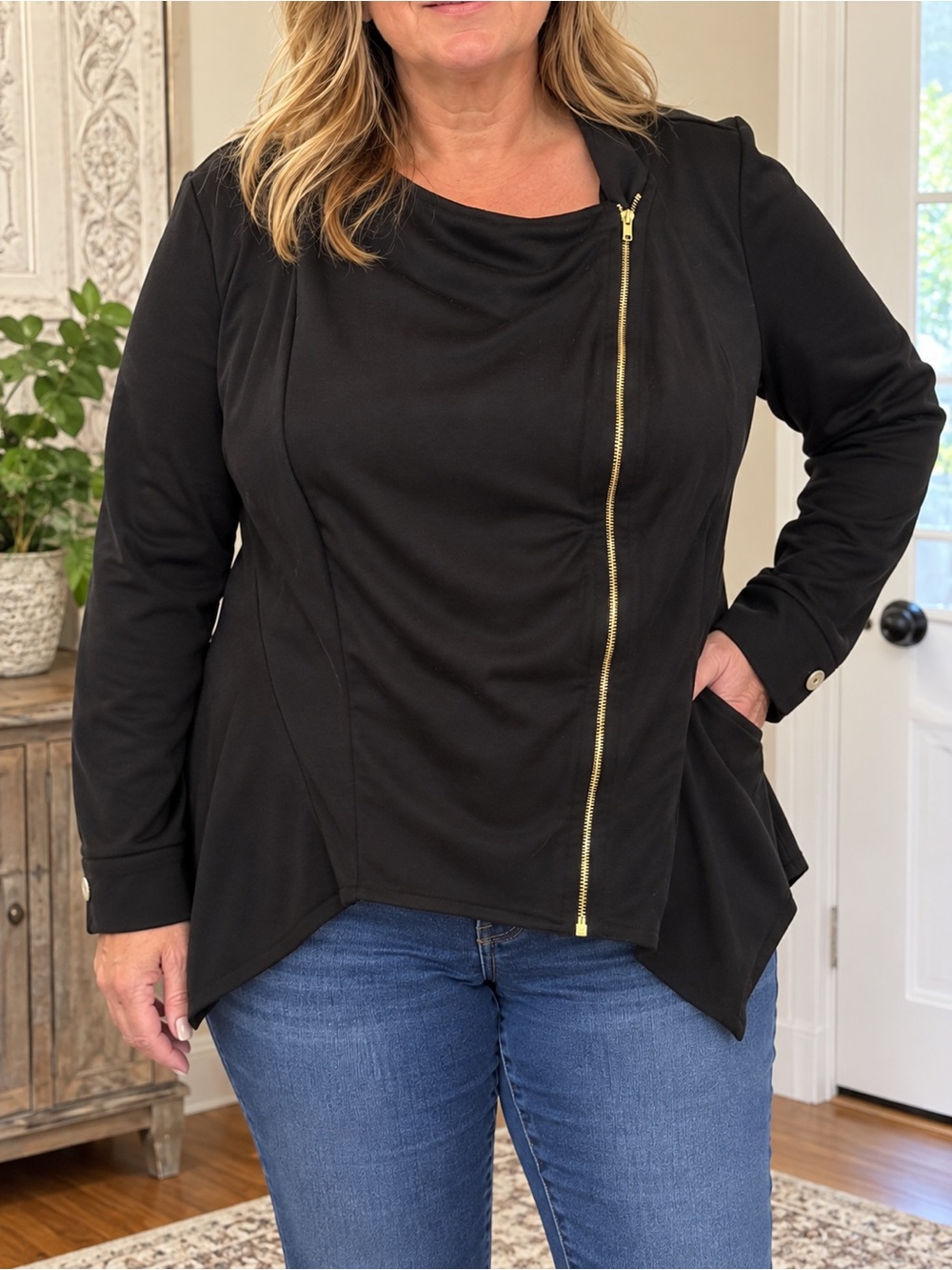 Society Black Women's Asymmetrical Zip Jacket with Gold Hardware